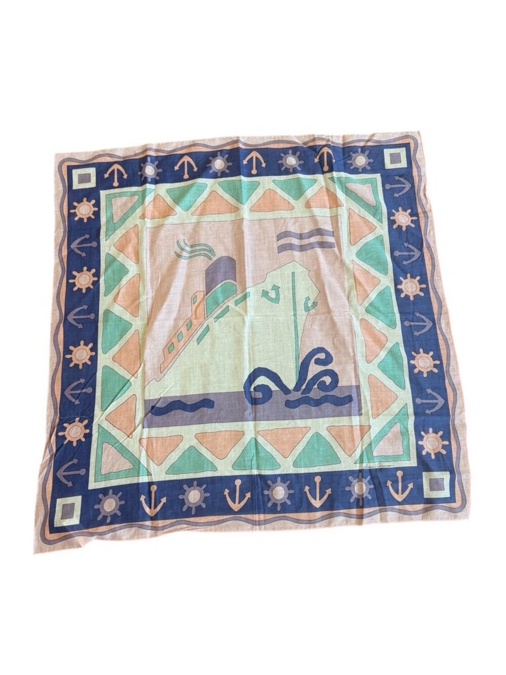 Ginnie Johansen Inc Navy Sage Nautical Print Cotton Scarf Wrap One Size Women's